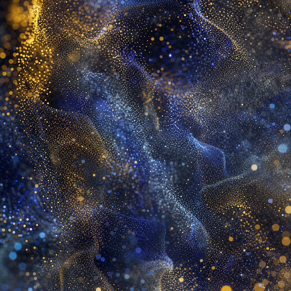 Abstract gold and indigo particle lattice with glowing dots and flowing dark blue shapes.
