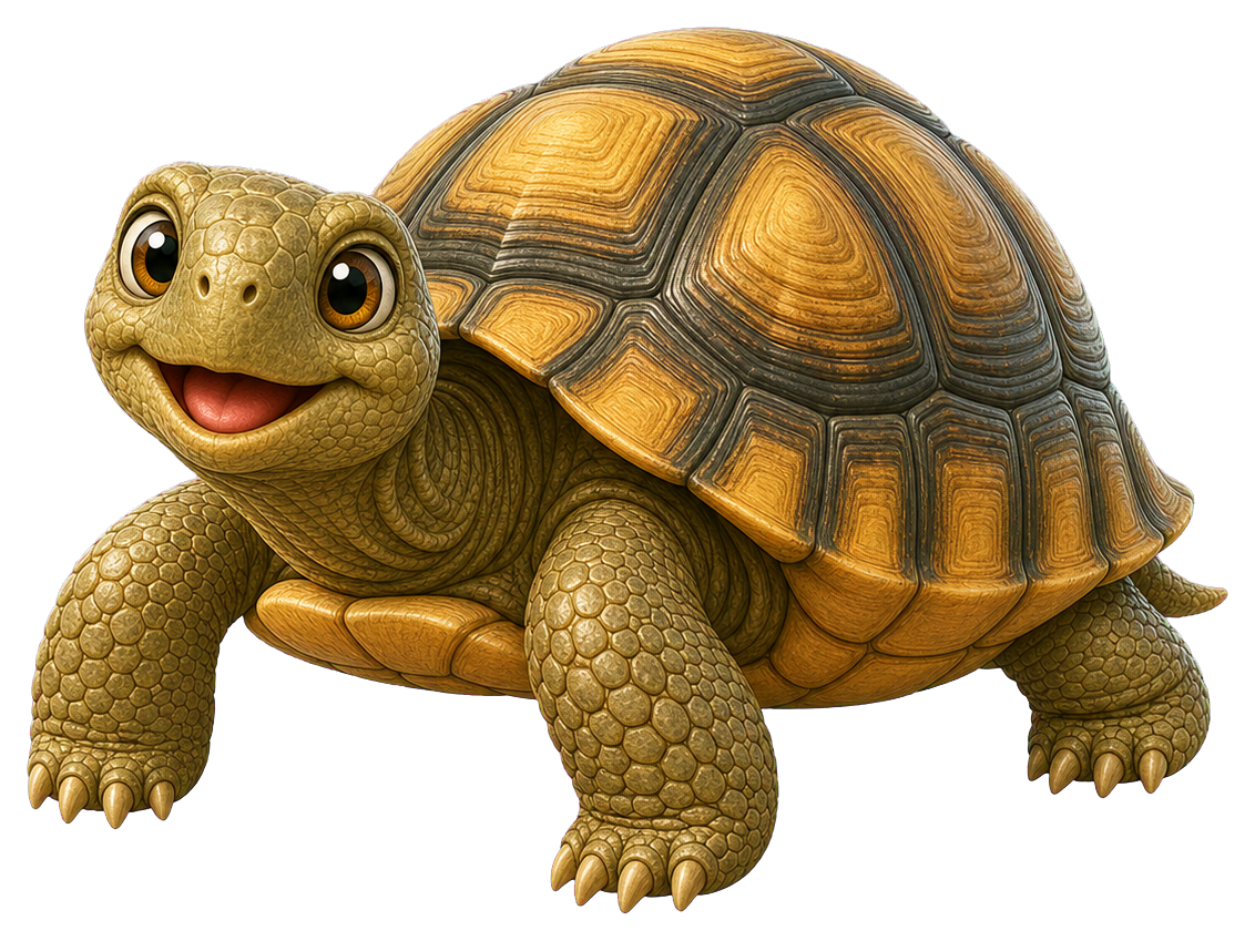 Smiling cartoon tortoise with a patterned shell and four textured legs
