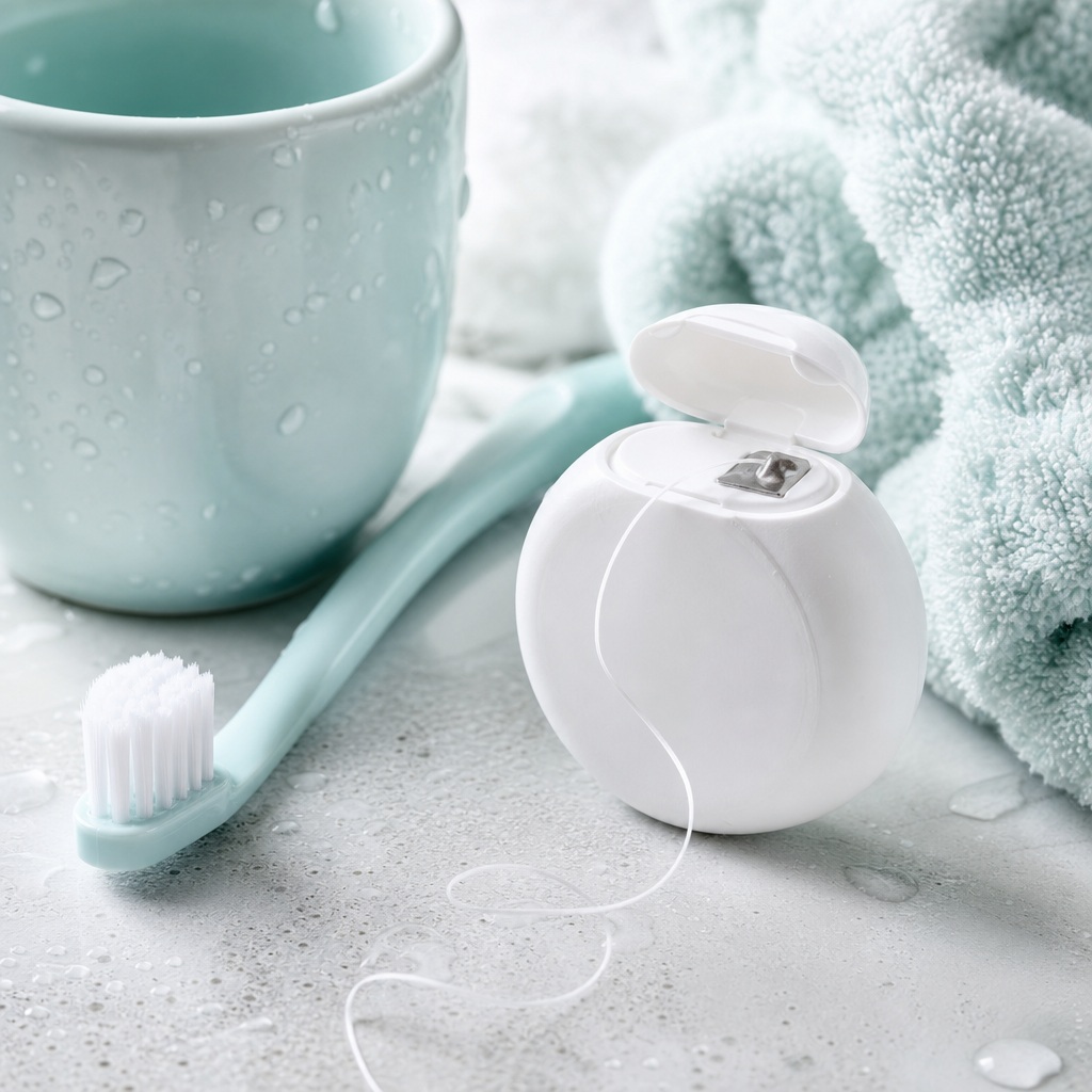 A mint toothbrush, floss, cup, and rolled towel on a light surface.