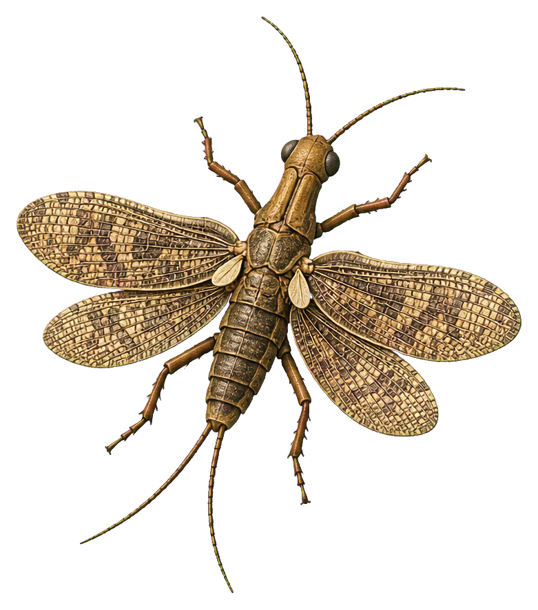 Illustrated prehistoric winged insect with long antennae and a segmented body
