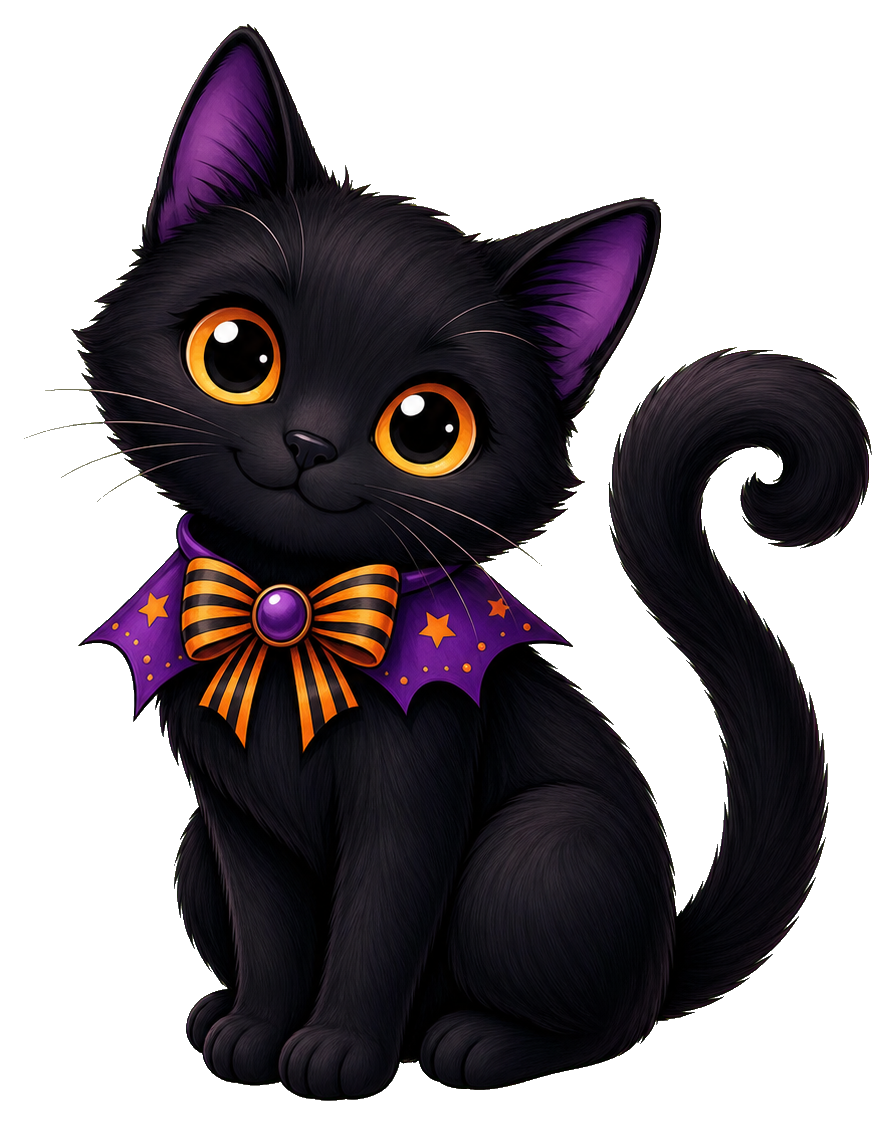 Cute black cat with orange eyes and a purple Halloween cape