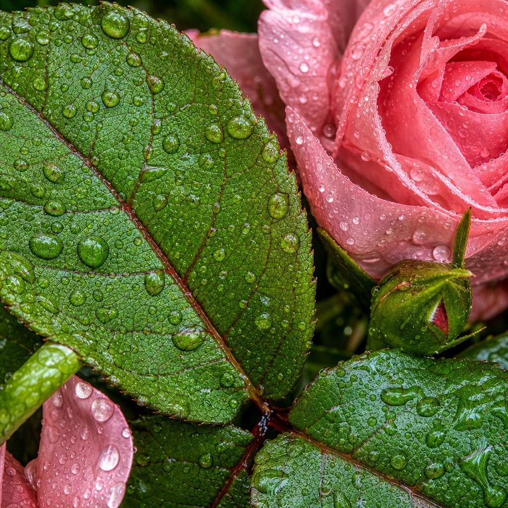 Close-up of rain-covered green leaves beside pink roses and flower buds.