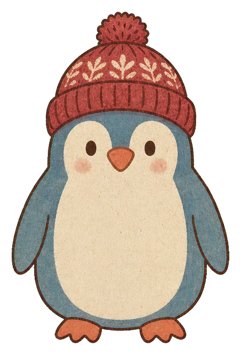 Cute penguin wearing a red knit pom-pom hat with blue flippers and orange feet.