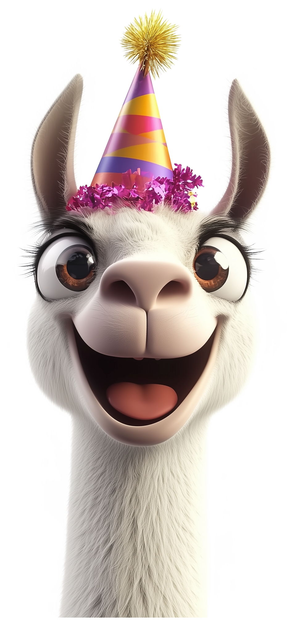 Smiling cartoon llama wearing a party hat and flower crown