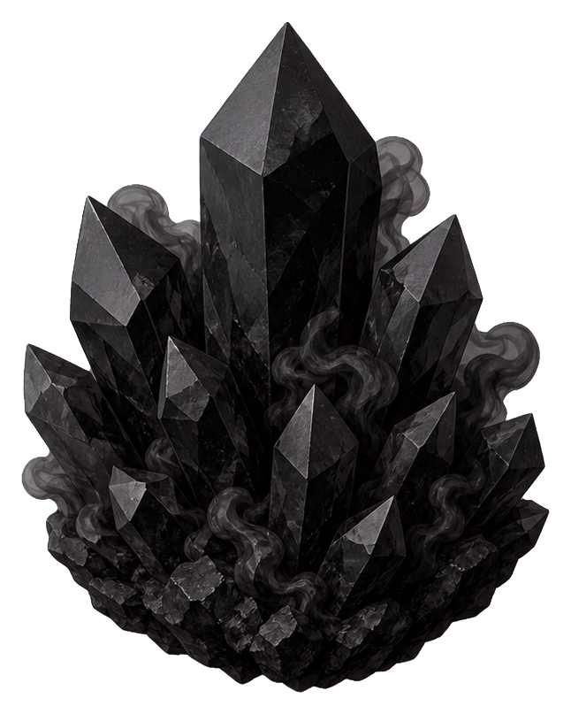 A faceted black crystal cluster with smoky dark details