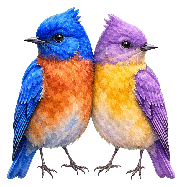 Two colorful watercolor birds standing side by side as a sticker graphic.