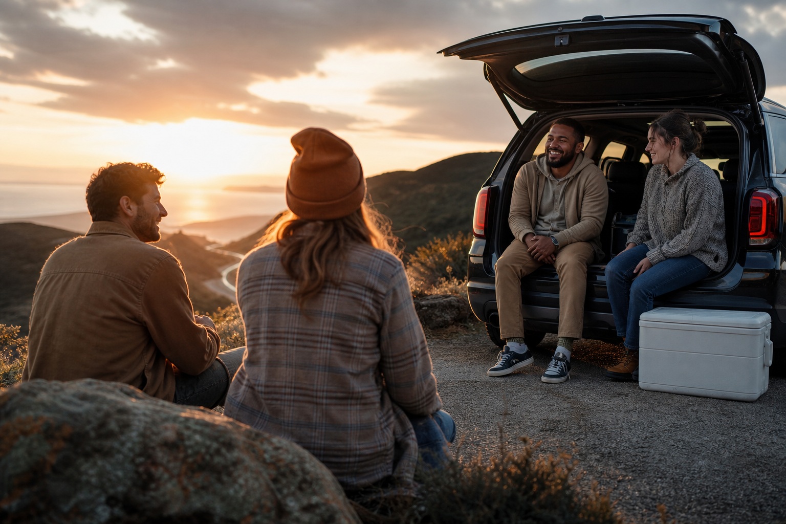 Three people sit by an open hatchback with a cooler at sunset beside a roadside overlook.