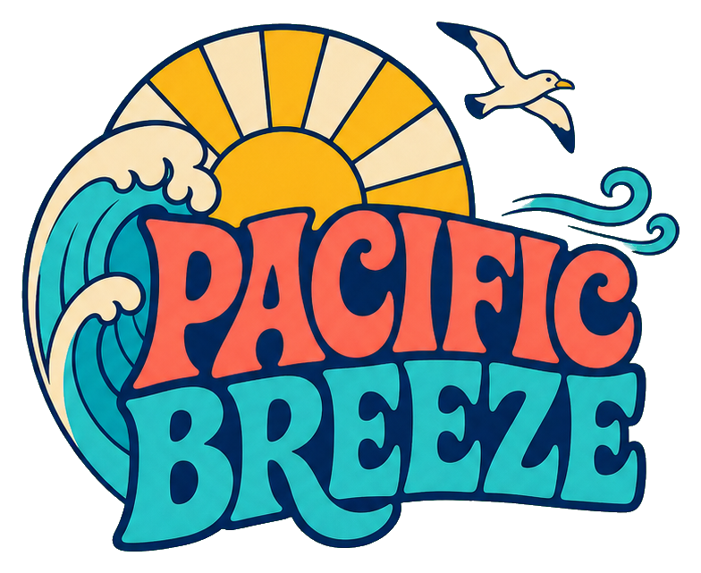 Retro Pacific Breeze text with sun, wave, and gull illustration
