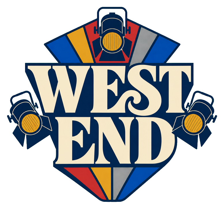 Retro West End text graphic with theatre lights and geometric background shapes.