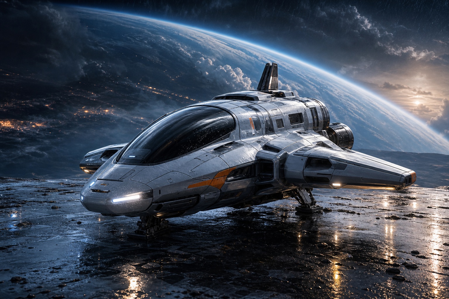 Futuristic orbital shuttle resting on a wet reflective surface under a dramatic rainy sky.