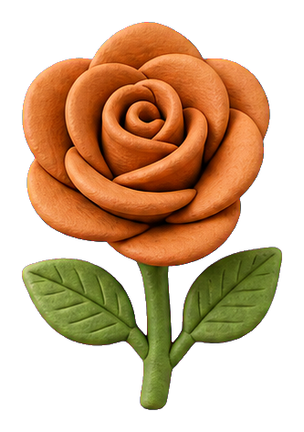A terracotta clay rose with green stem and leaves on a transparent background