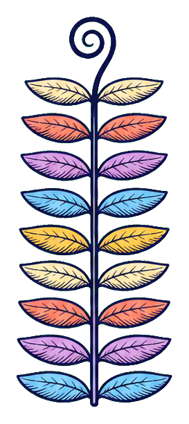 Colorful fern sticker with a spiral stem and layered leaves.