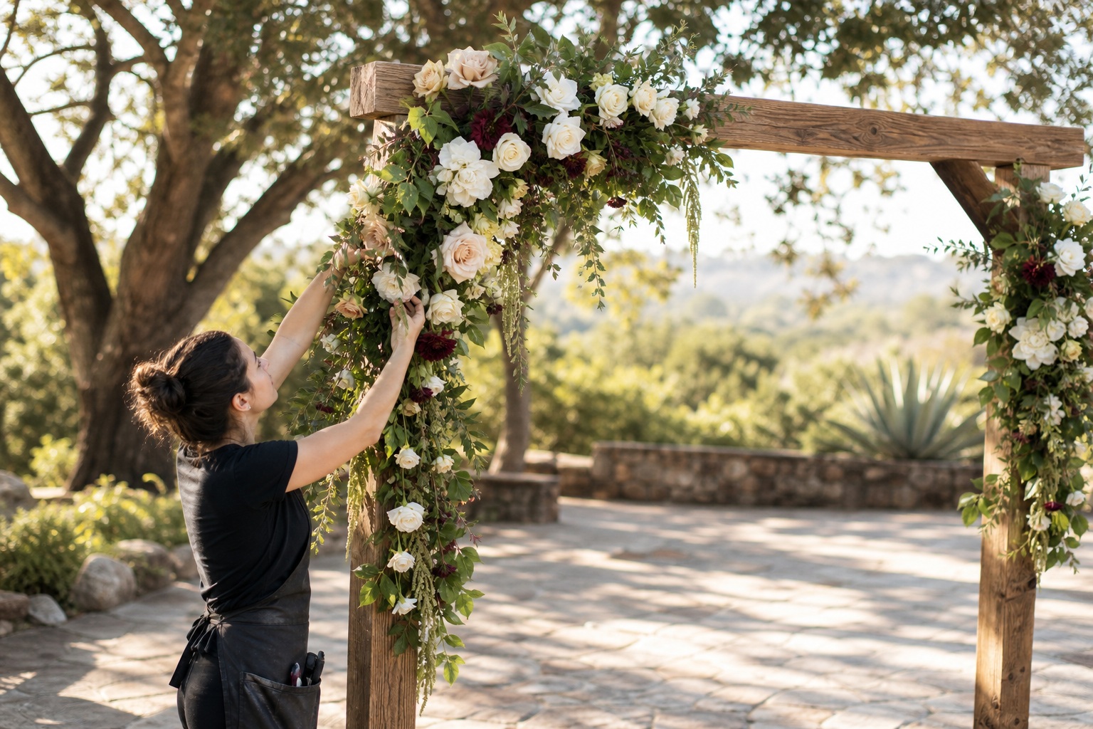 Florist arranging white and blush flowers on an outdoor wedding ceremony arch
