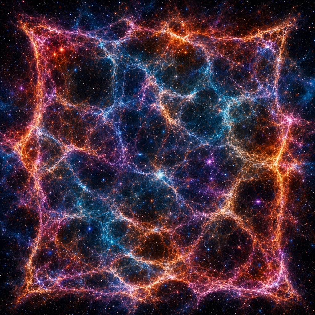 Abstract square nebula pattern with glowing blue, orange, and purple web-like lines on black.