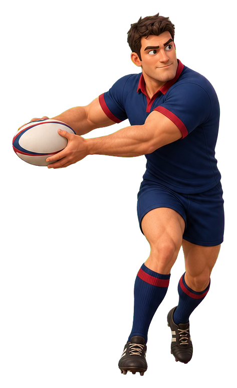 A rugby player running forward while holding and passing a rugby ball.