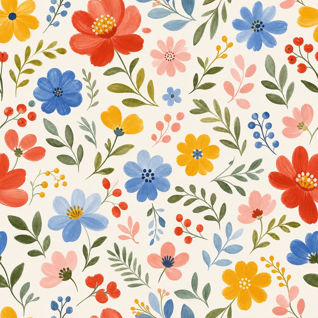 Colorful hand-painted folk floral pattern with flowers and leafy sprigs on a cream background