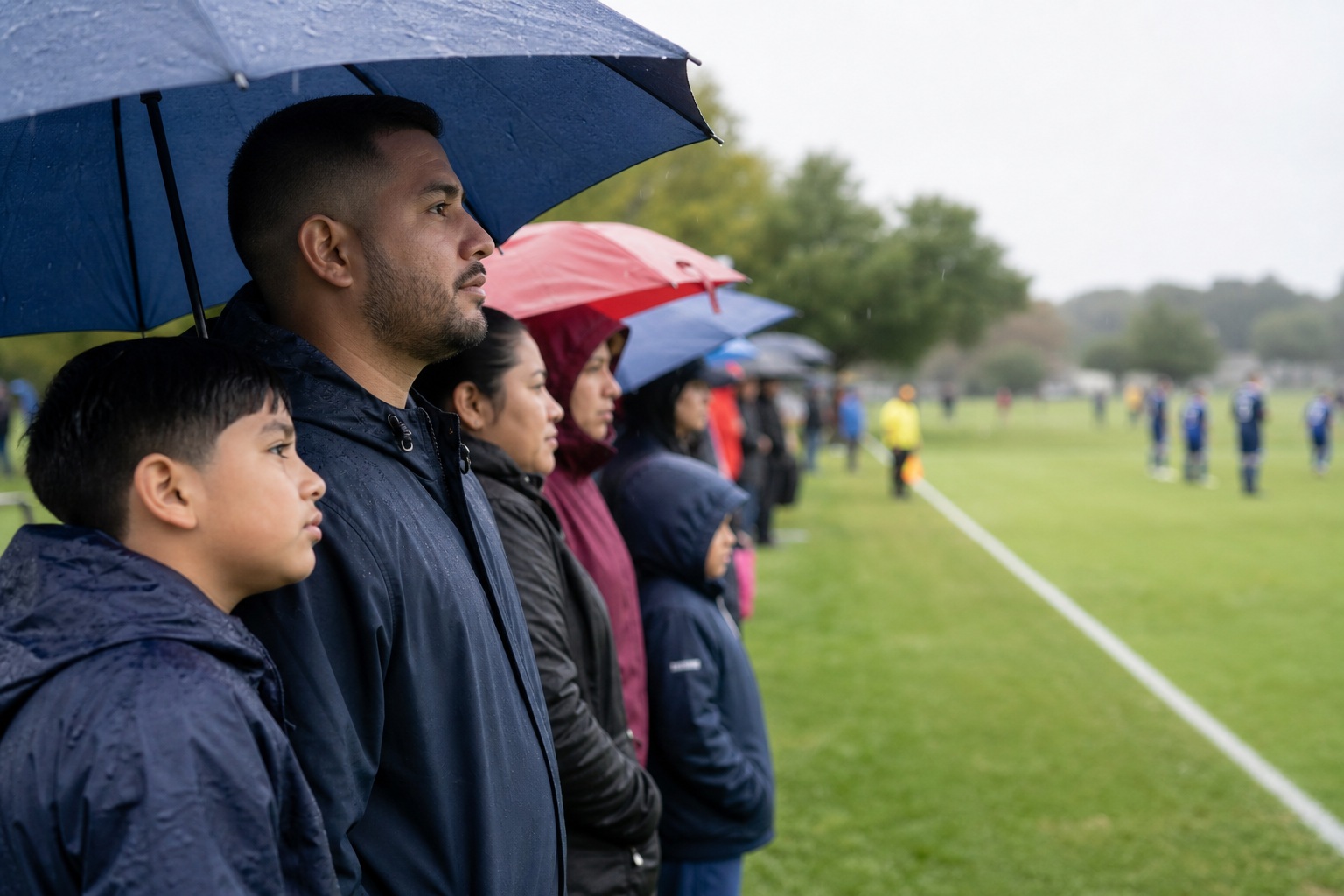 Soccer fans standing under umbrellas beside a wet field on a rainy sideline.