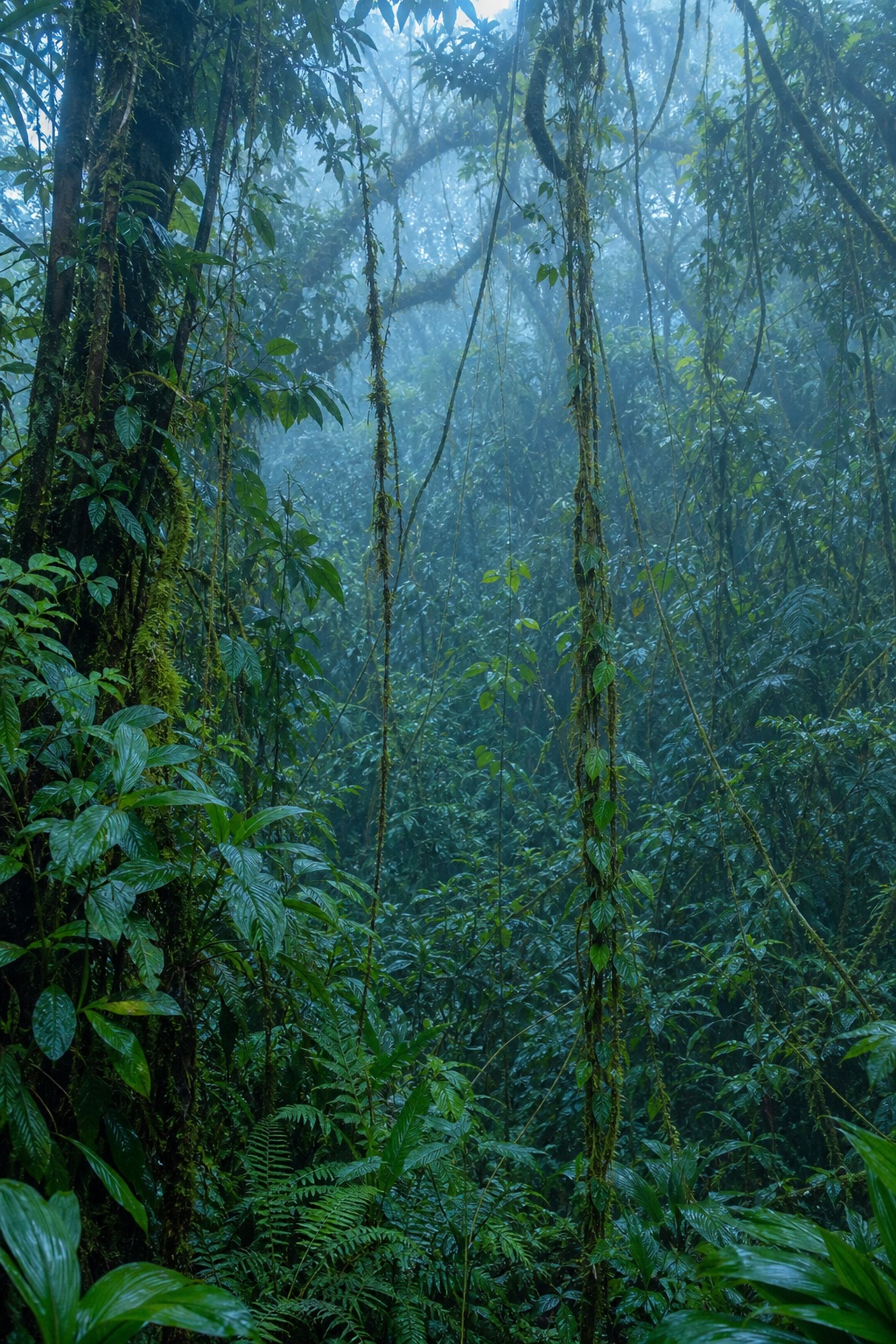Misty rainforest canopy with dense tropical greenery and hanging lianas