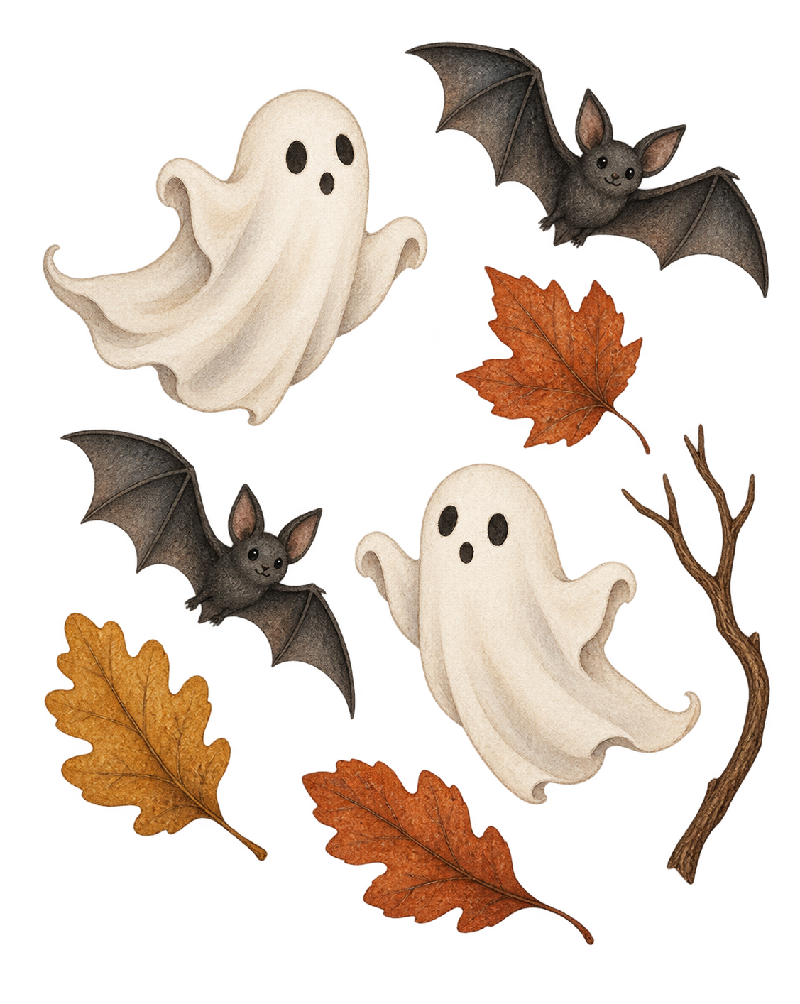 Preview for Watercolor Floating Ghosts With Bats And Autumn Leaves