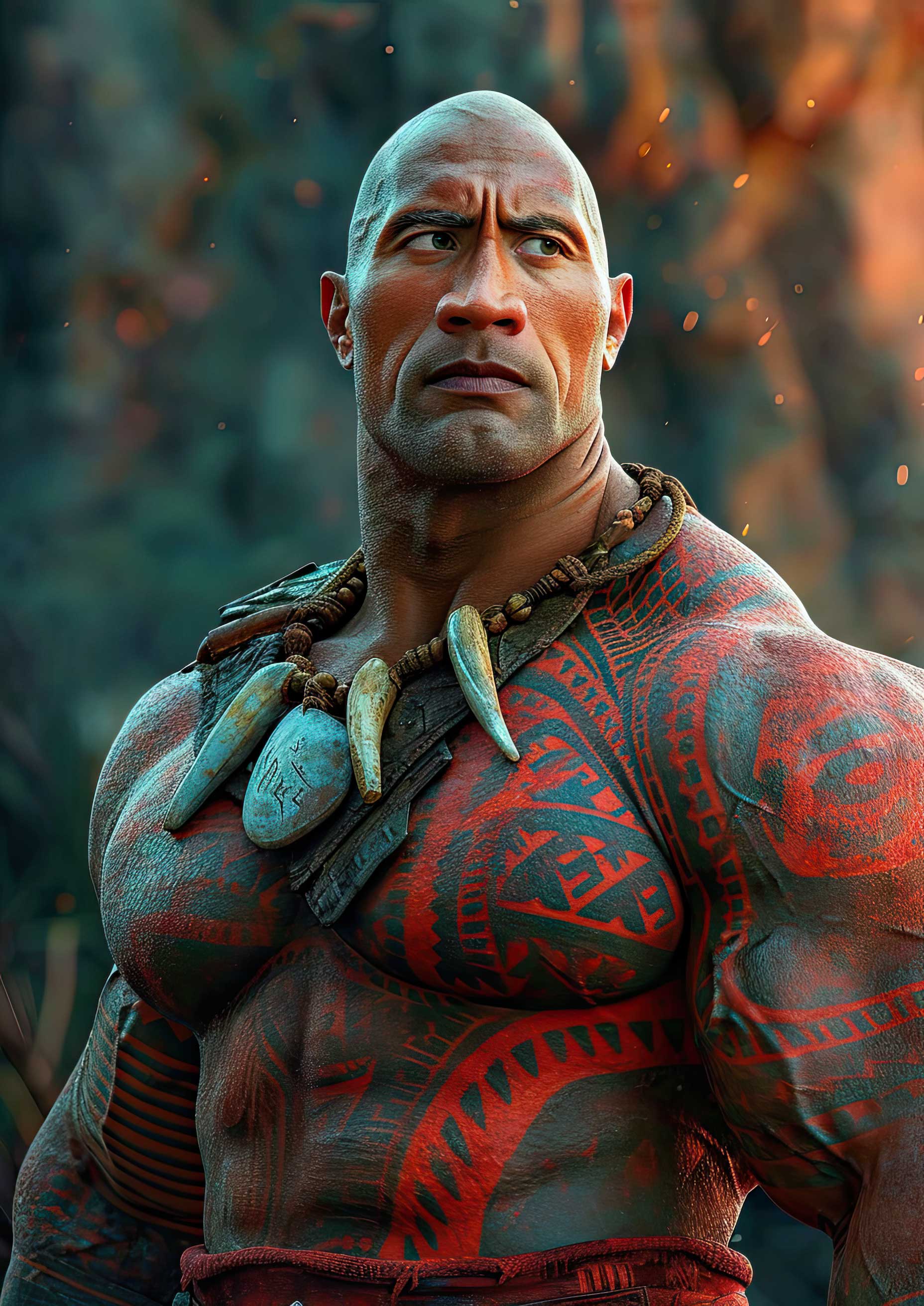 A muscular, bald man with red and black tribal tattoos