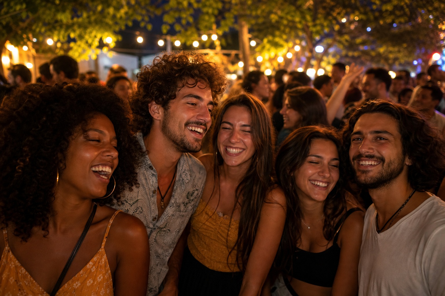 A smiling group of friends posing together outdoors at night with warm string lights behind them.
