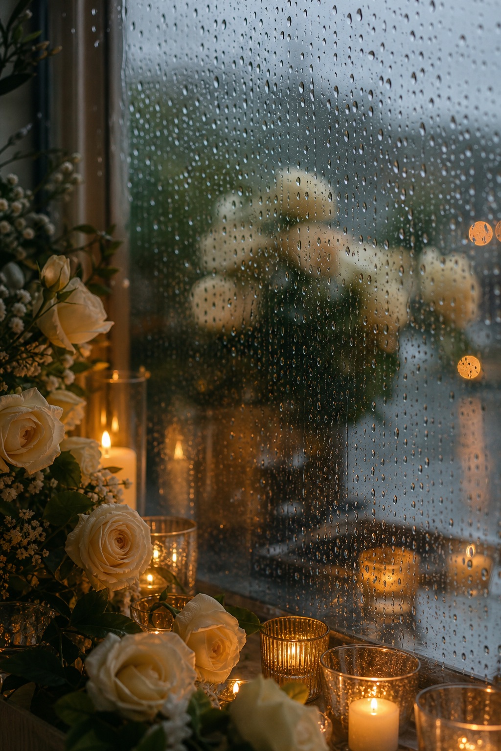 Candles and white roses beside a rainy window with warm blurred lights beyond.