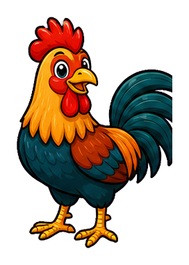 Colorful rooster standing in profile with red comb, orange neck, and dark tail feathers.