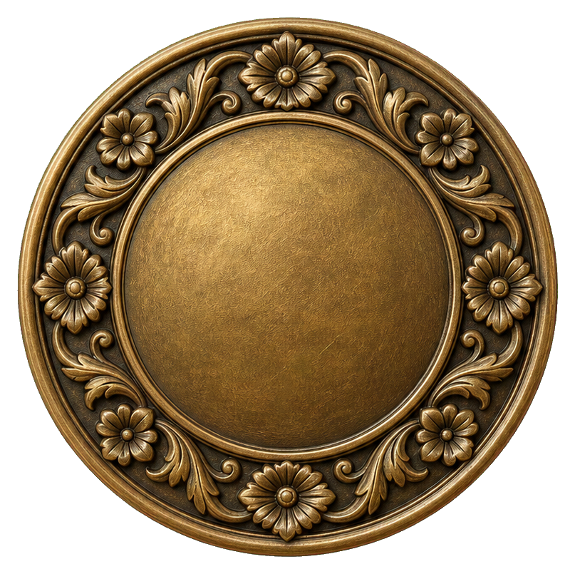 Round bronze medallion with embossed floral details around the edge