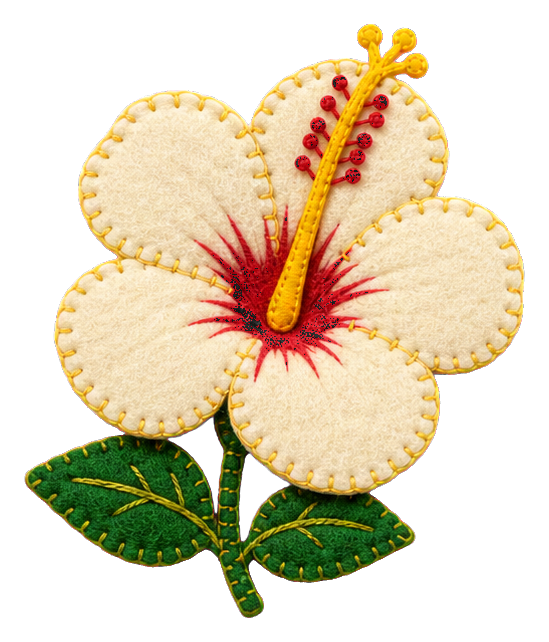 Cream felt hibiscus flower with yellow stamen and green leaves
