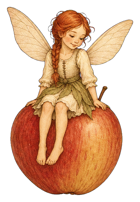 A red-haired fairy girl with wings sits on a large red apple wearing a leafy dress and crown.