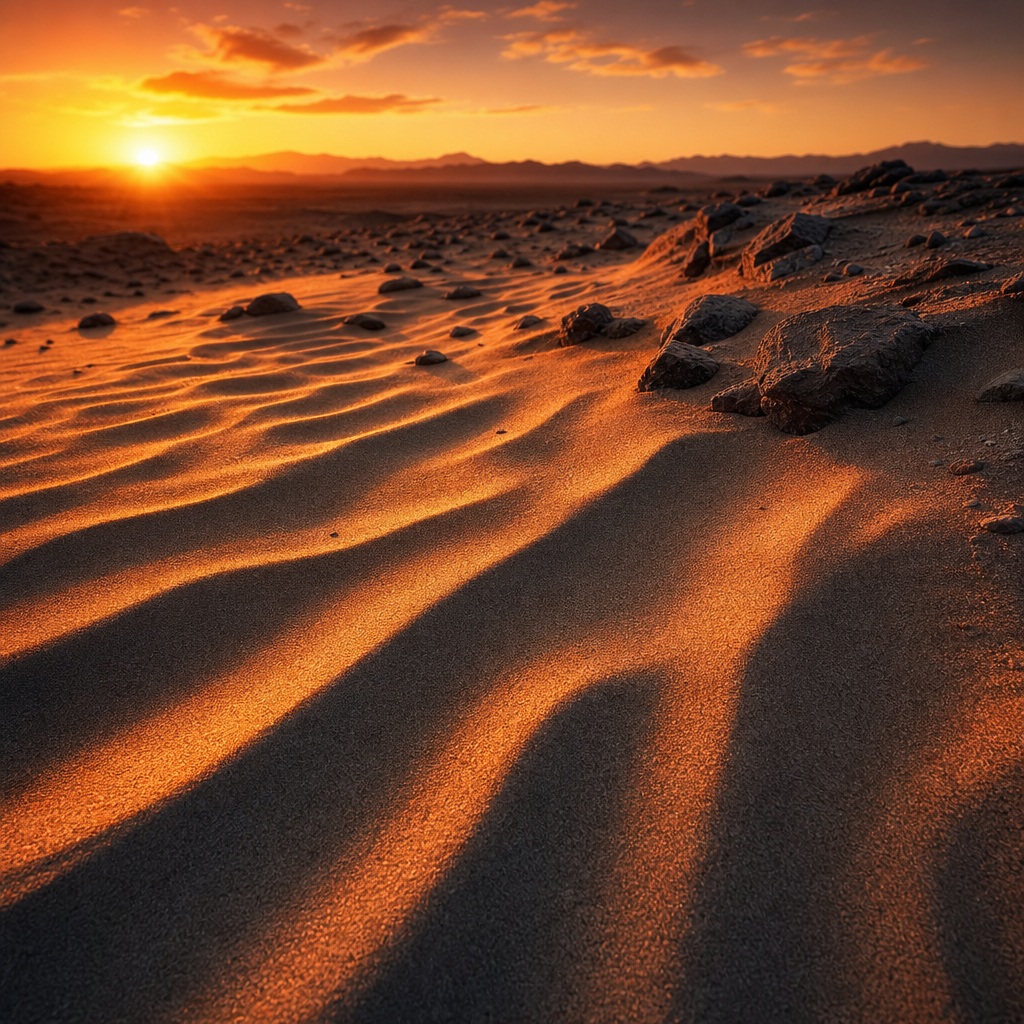 Golden desert sand dunes lit by a warm sunset sky