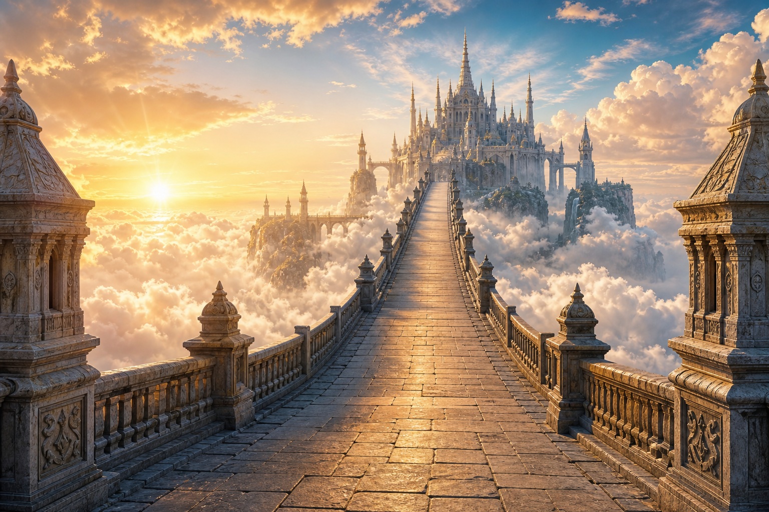 Stone bridge leading to a fantasy citadel above the clouds at sunrise.