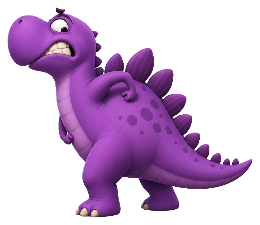 Purple cartoon dinosaur with short arms scratching its side and looking annoyed.
