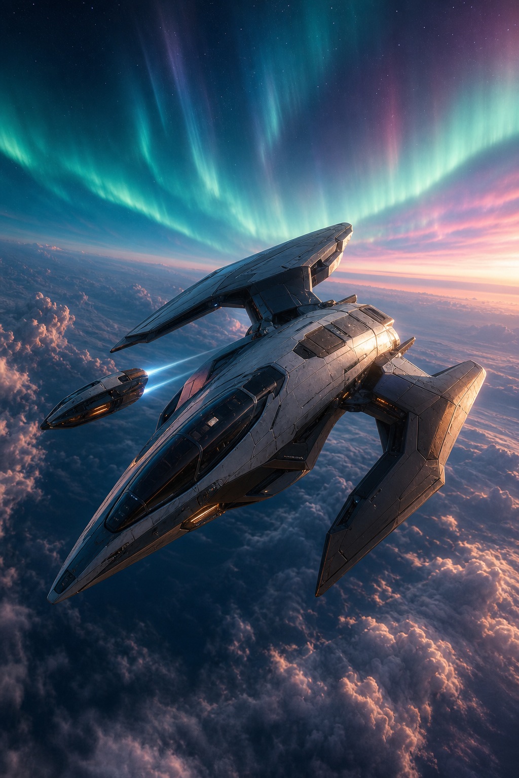 A sleek futuristic spacecraft flying above clouds under colorful aurora lights.