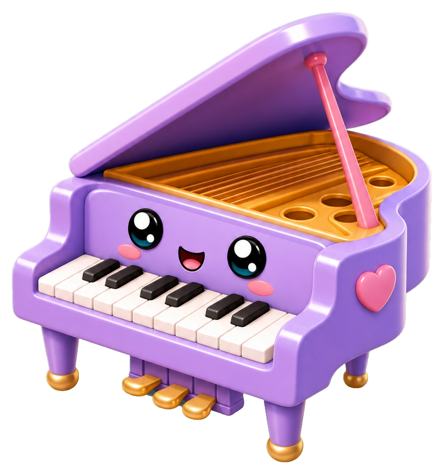 Cute purple tiny piano character with a smiling face and small legs.