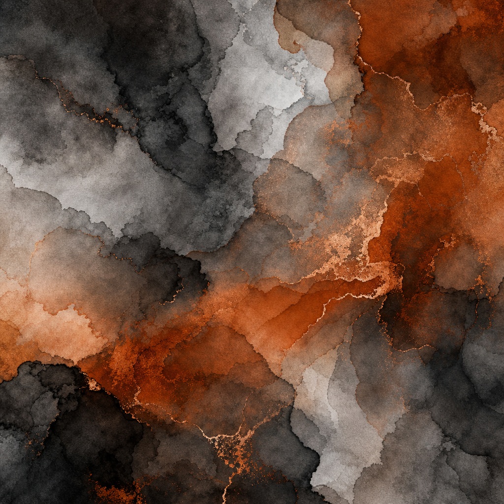 Abstract charcoal, rust, and gray ink wash texture with layered cloudy currents
