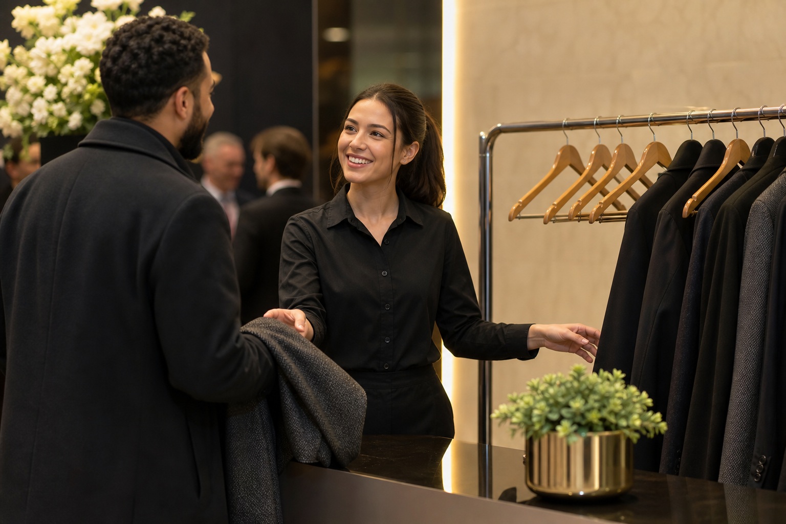 Hospitality staff member assisting a guest near a coat rack in a venue lobby.