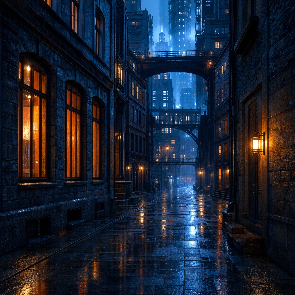 Rainy blue alley with glowing windows and city lights at night