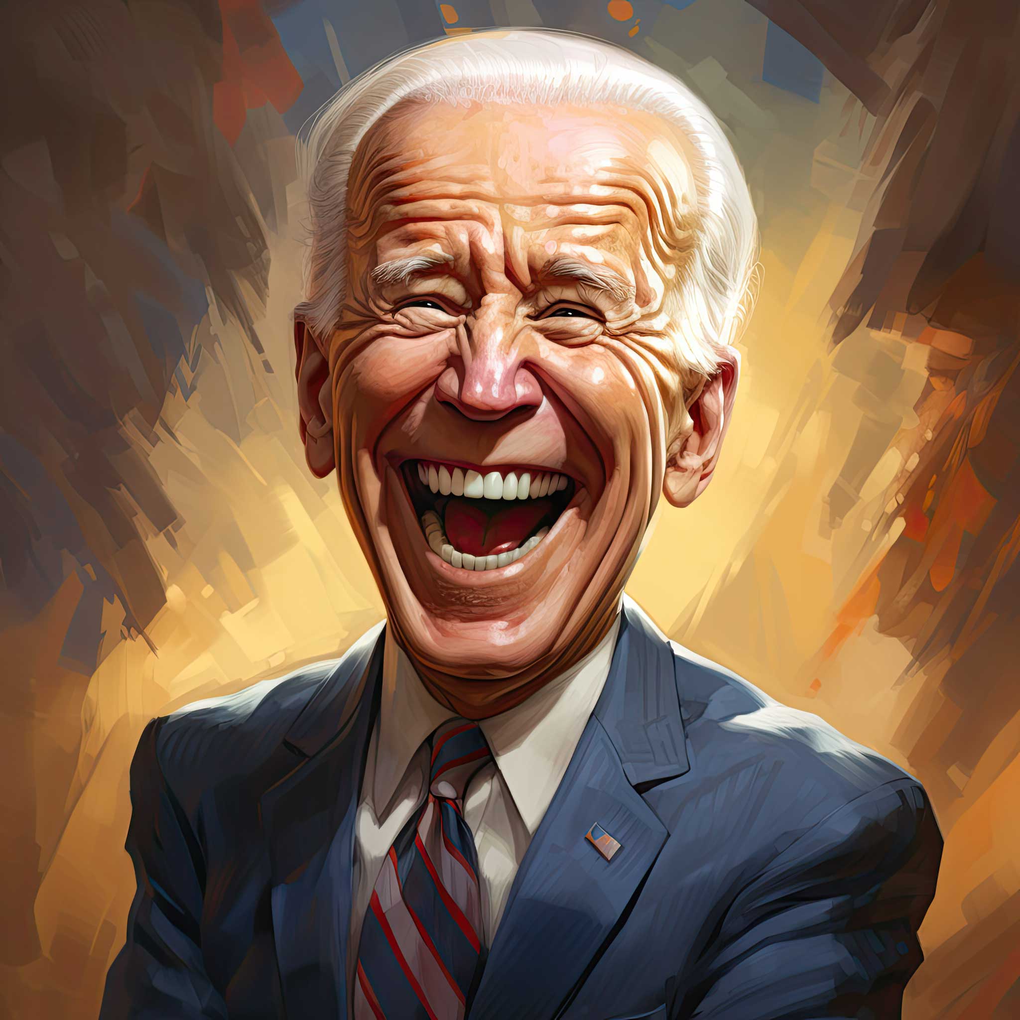 Illustrated portrait of Joe Biden smiling in a suit and tie on a warm abstract background.