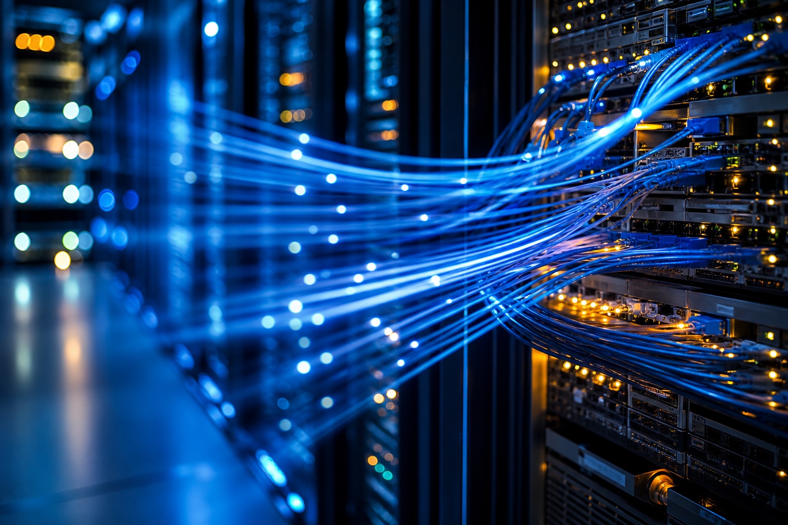 Blue fiber optic cables glowing inside a server room with network equipment