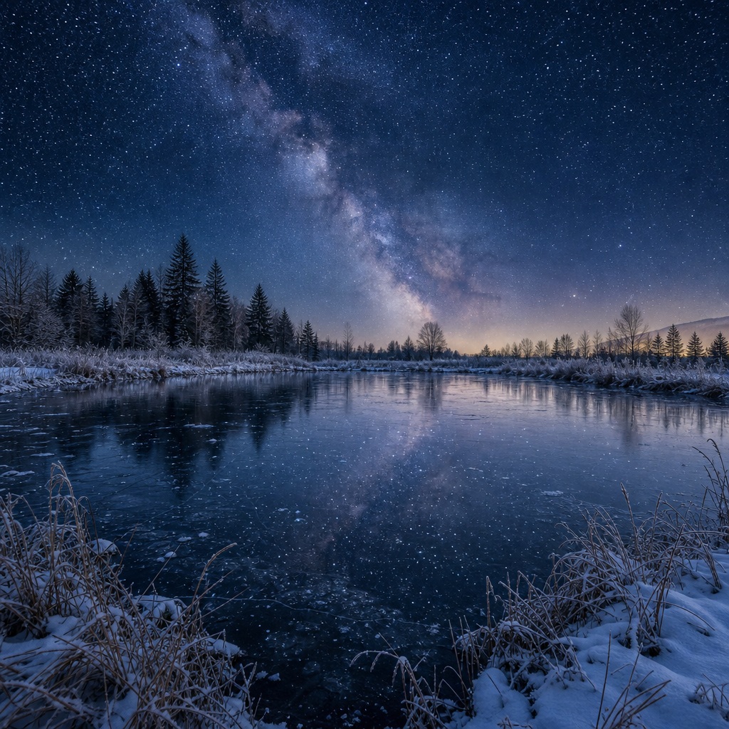 Snowy lake reflecting a bright Milky Way under a star-filled winter night sky.
