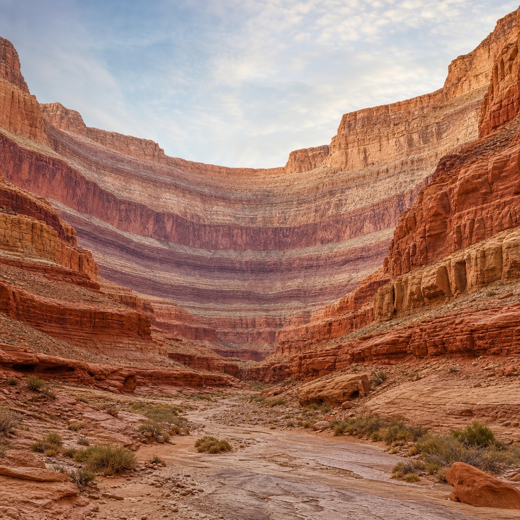 Wide desert canyon with layered sandstone walls and a rocky riverbed below