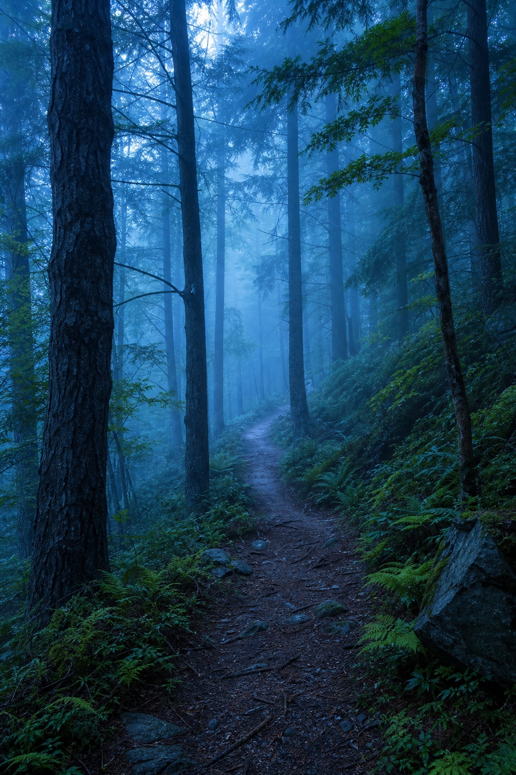 Narrow forest path winding through tall trees in blue dawn mist
