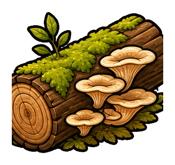 Cluster of pale mushrooms growing on a moss-covered log