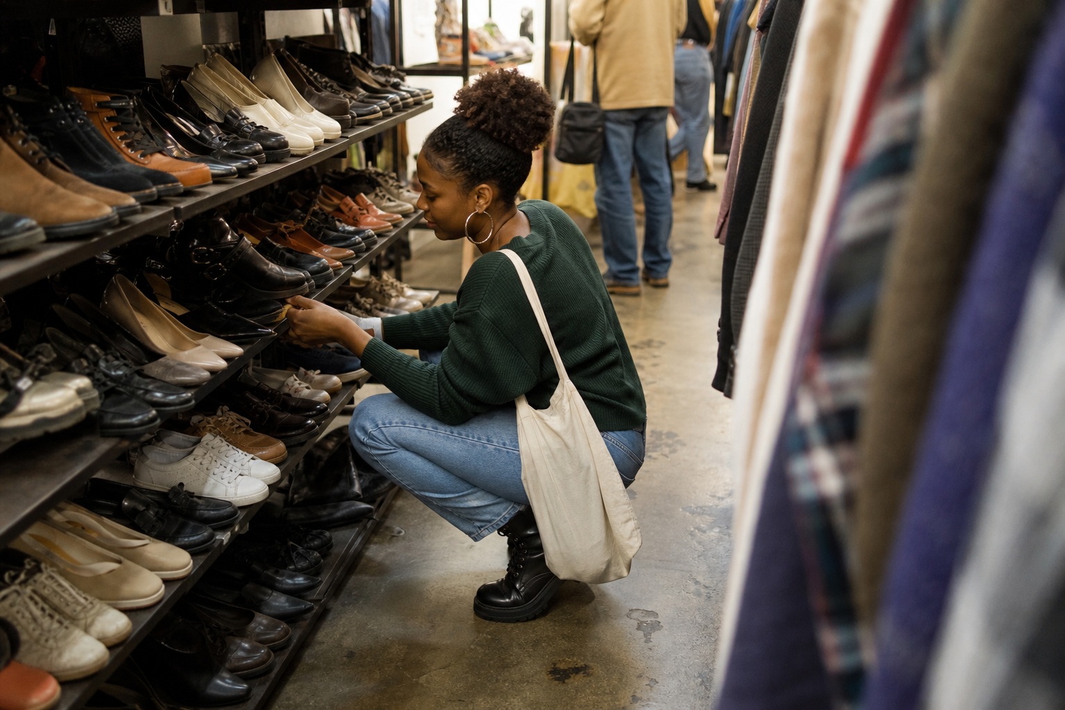 Person crouching beside a shoe shelf in a thrift store while others stand nearby.