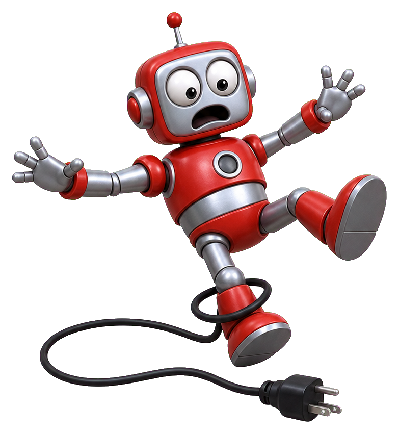 A surprised red robot falling while tripping over its own black power cord.