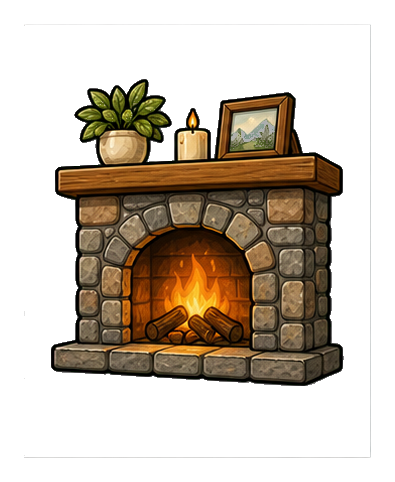 Stone fireplace with a lit fire, potted plant, candle, and framed picture on the mantel.