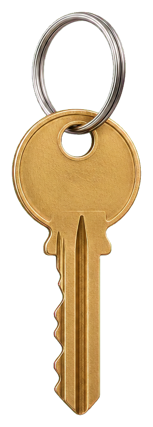 A realistic gold house key with a round head and silver key ring.