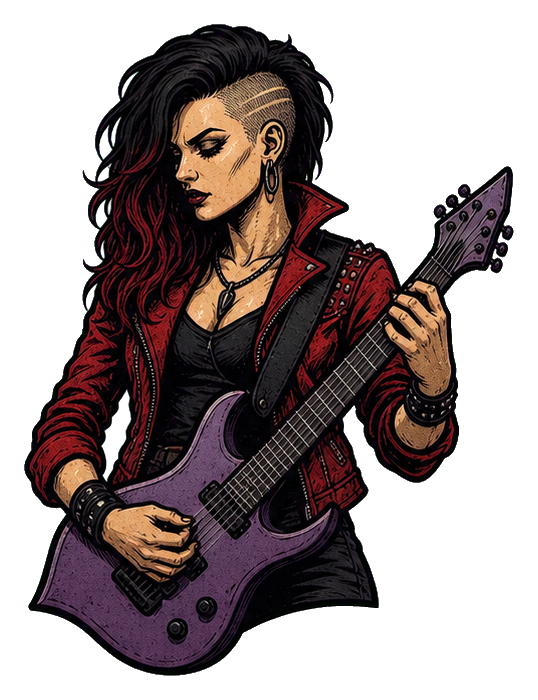 Illustrated woman with an undercut hairstyle playing a violet electric guitar in a red jacket.
