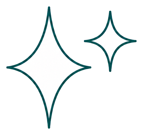 Two minimalist sparkle shapes, one large and one small, with dark outlines.